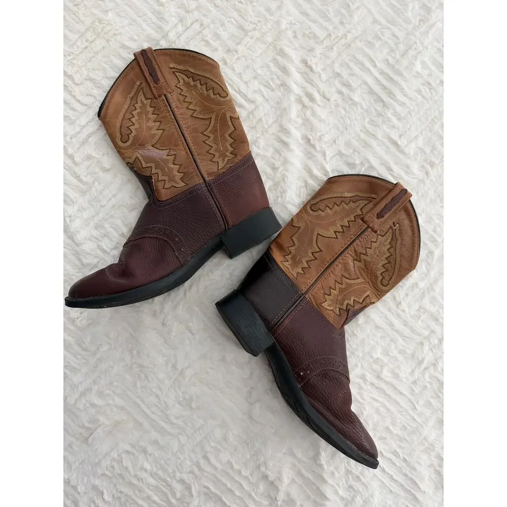 Old West 1936 Youth Tan Rust Round Toe Leather Cowboy Western Boots Ranch Rodeo